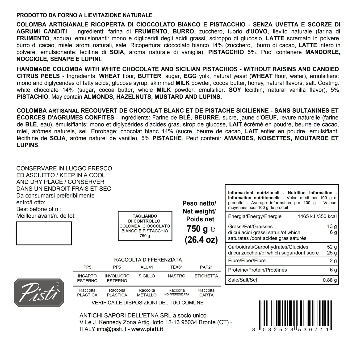 Antichi Sapori dell'Etna Colomba Pandorata colomba pistacchio pasquale