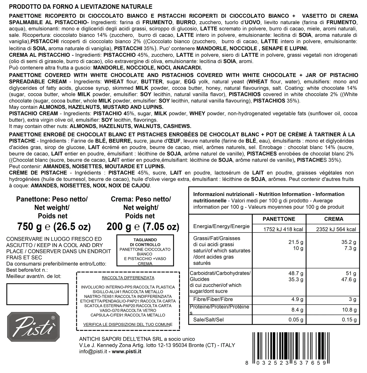 Antichi Sapori dell'Etna Pandorato Panettone crema pistacchio