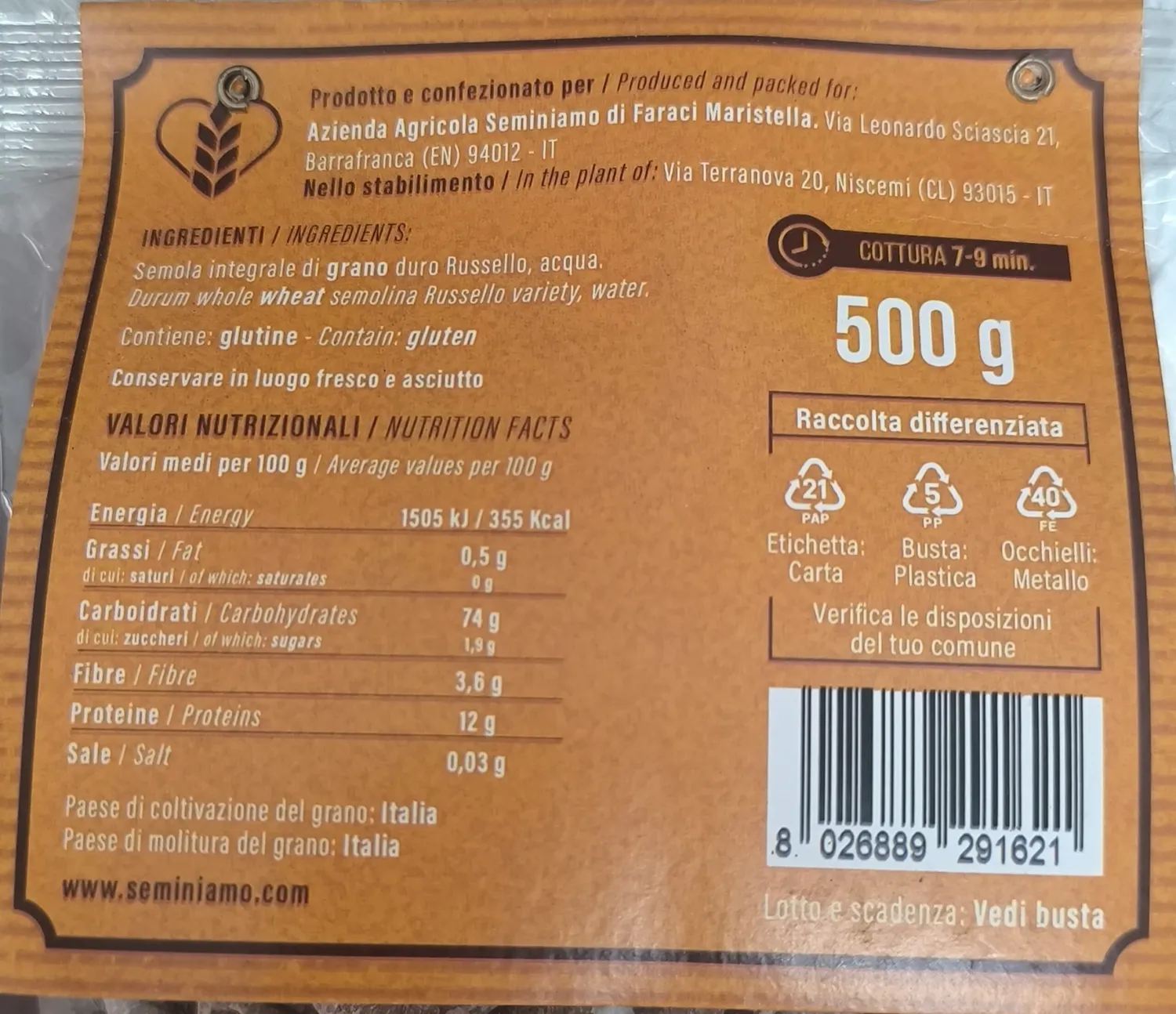Sicilia che Gusto Penne Rigate Russello Pasta Integrale 500 g